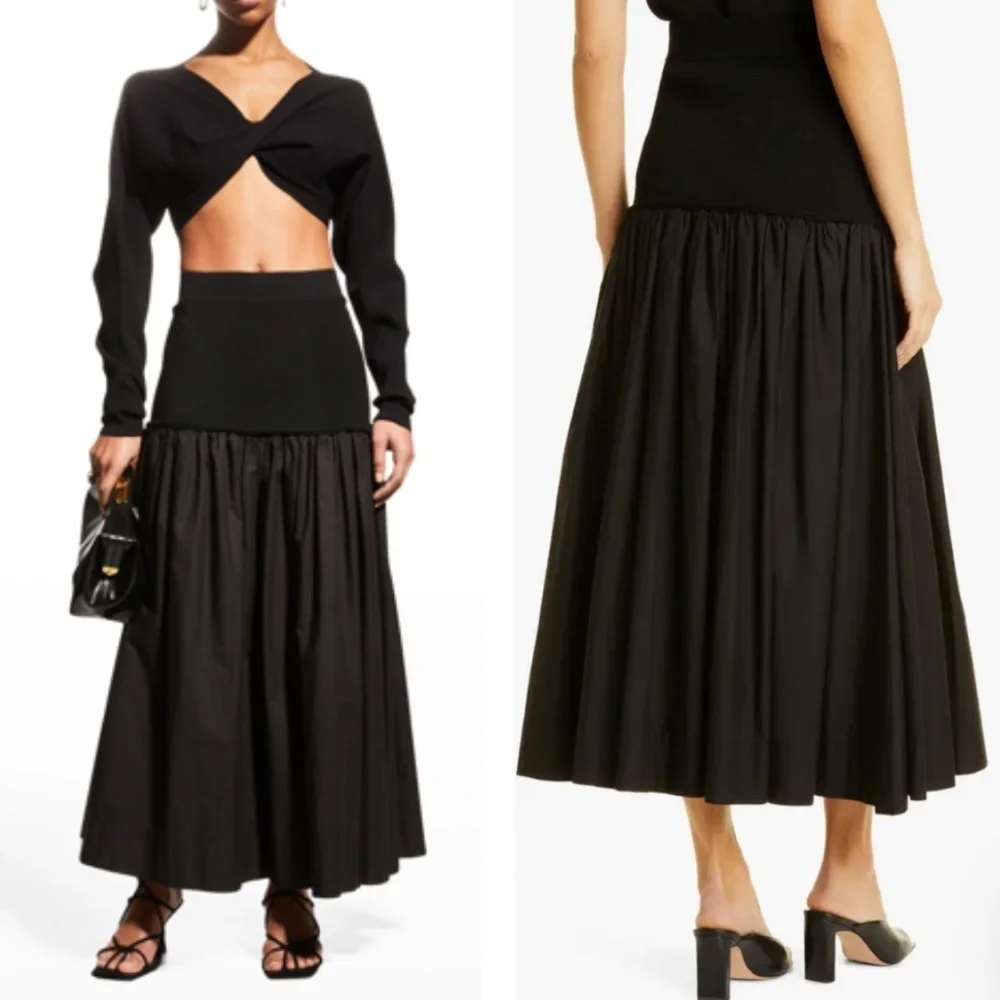 A.L.C. Marlowe Mixed Media Midi Skirt Black Poplin Cotton Stretch Drop Waist XS